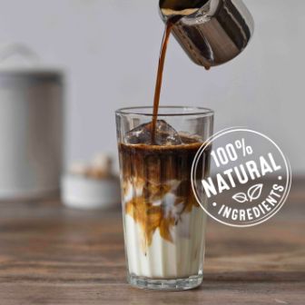 Coffee pouring in milk and 100% natural ingredients logo